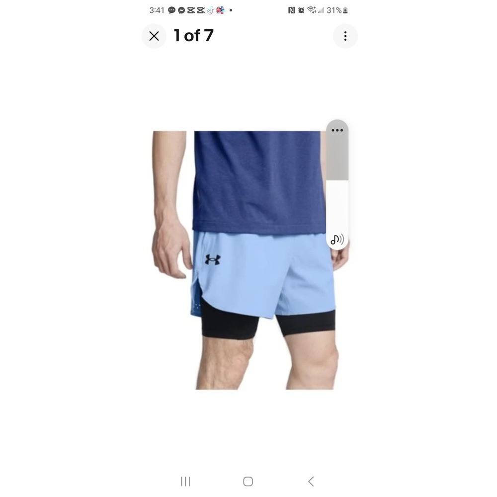 Under Armour Mens Blue Peak Woven 2 in 1 Shorts Fitted Drawstring Size 2XL NWT‎